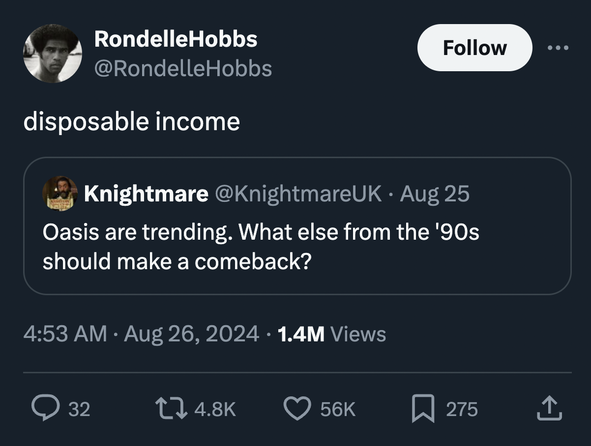 screenshot - RondelleHobbs disposable income Knightmare Aug 25 Oasis are trending. What else from the '90s should make a comeback? 1.4M Views > 32 56K 275